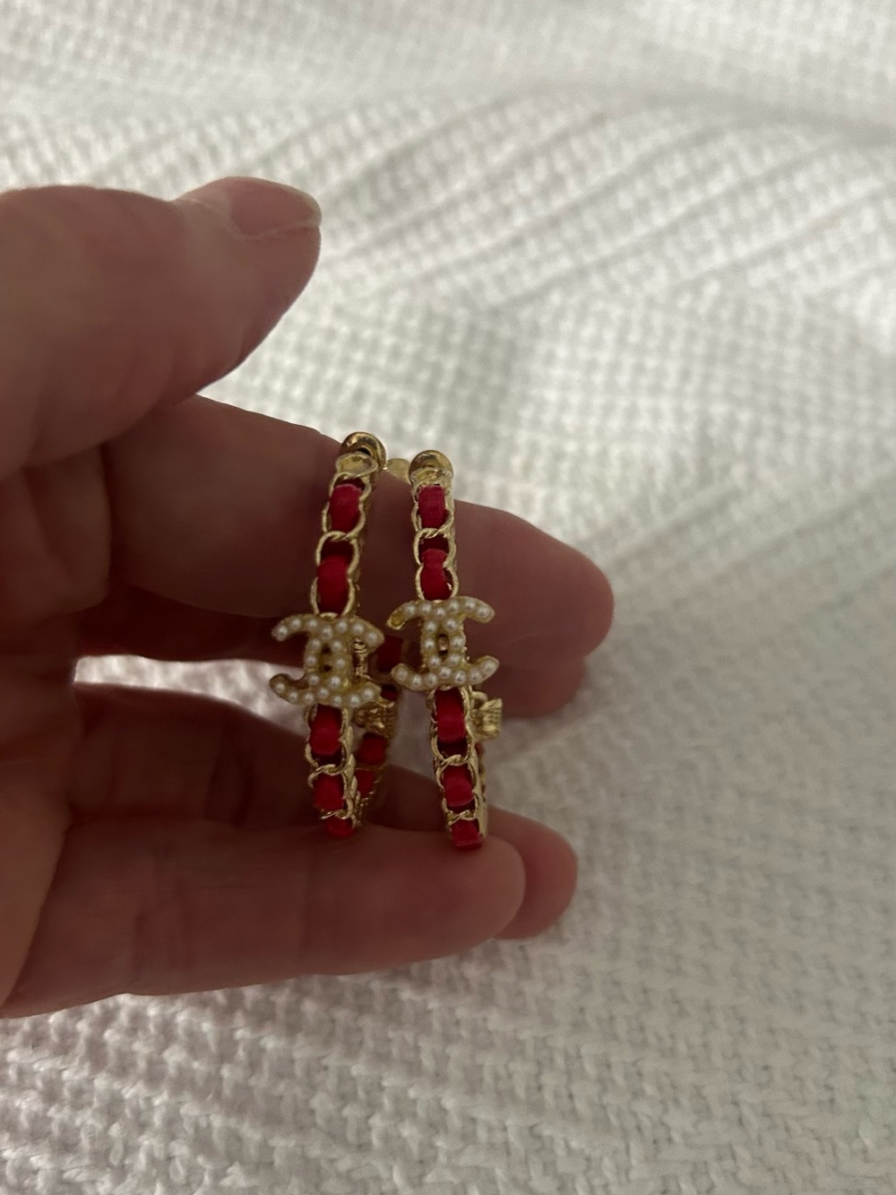 Red Ribbon Gold Pearl CC Hoop Earrings